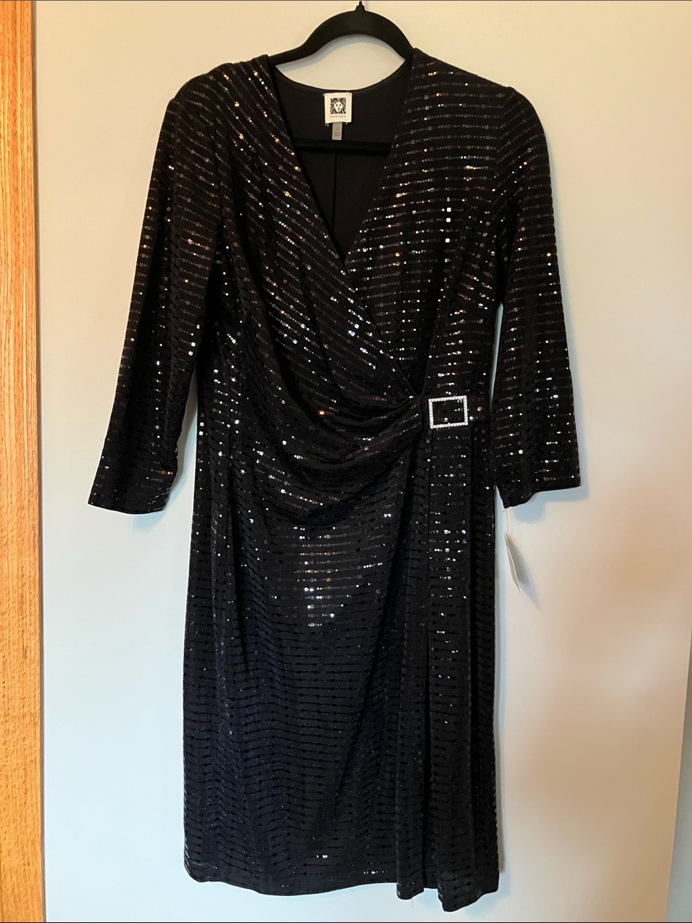 Anne Klein Black Sequin Wrap Dress with Buckle